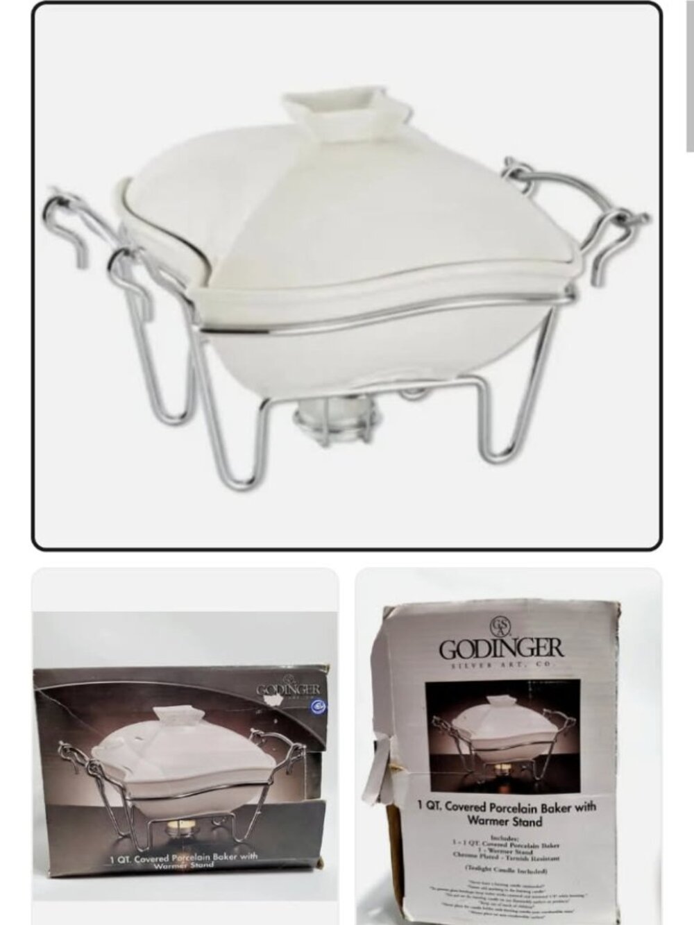 Godinger 1 qt covered porcelain baker with warmer stand.